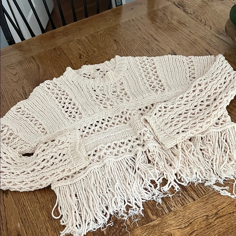 Free People Cream Crochet Sweater with Fringe